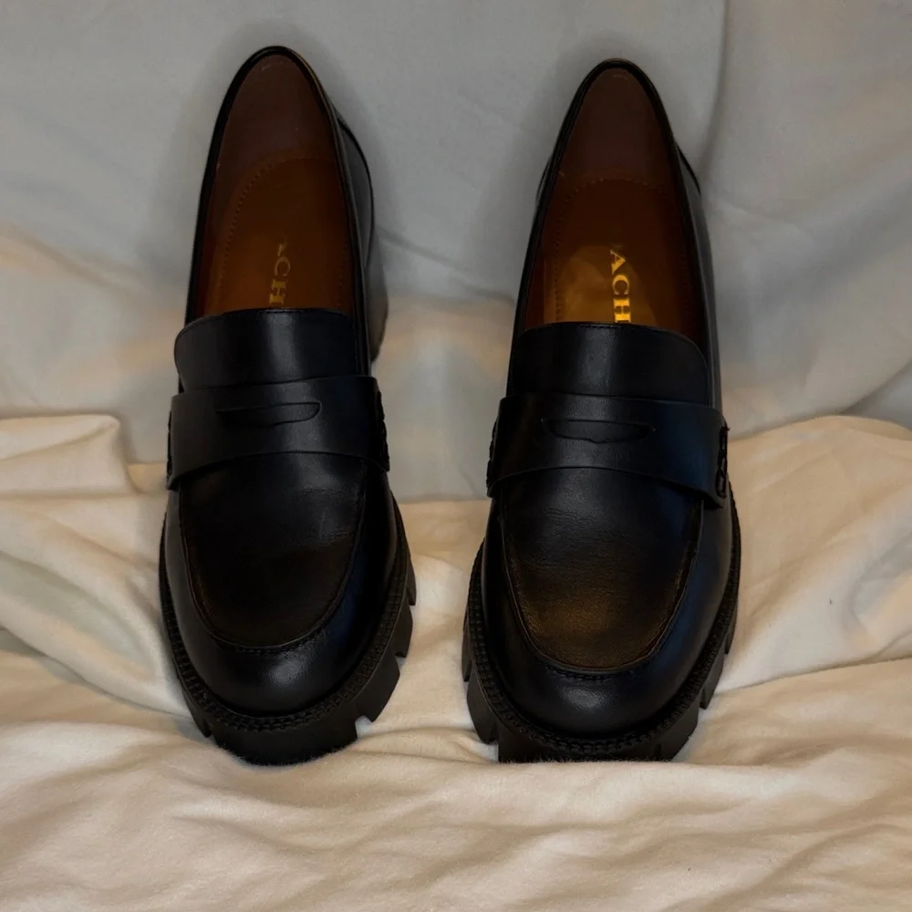 Coach Black Lug-Sole Penny Loafers with Block Heel - Picture 2 of 11